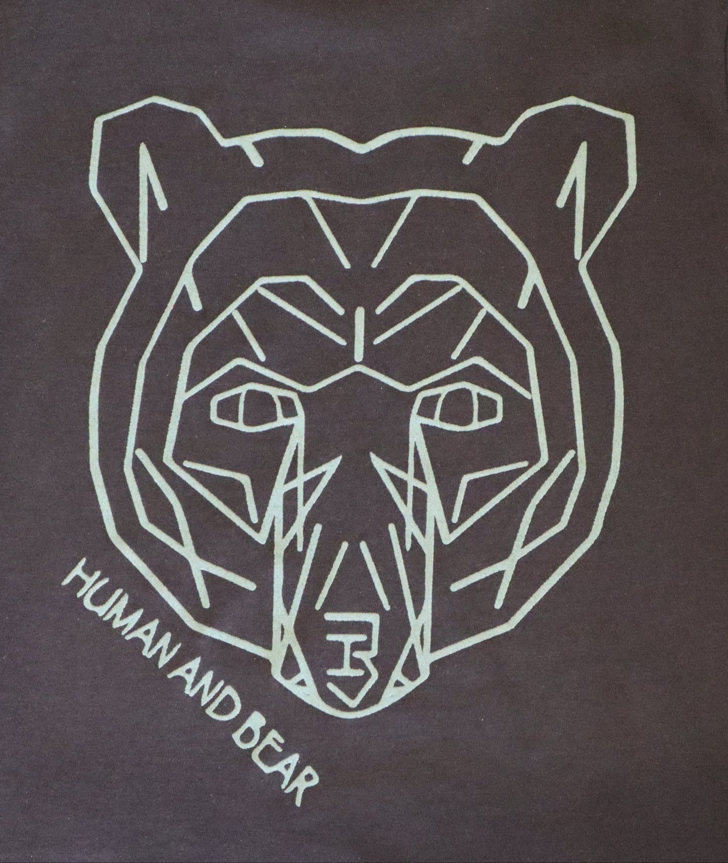 Geometric bear head design on a black T-shirt with 'Human and Bear' text.