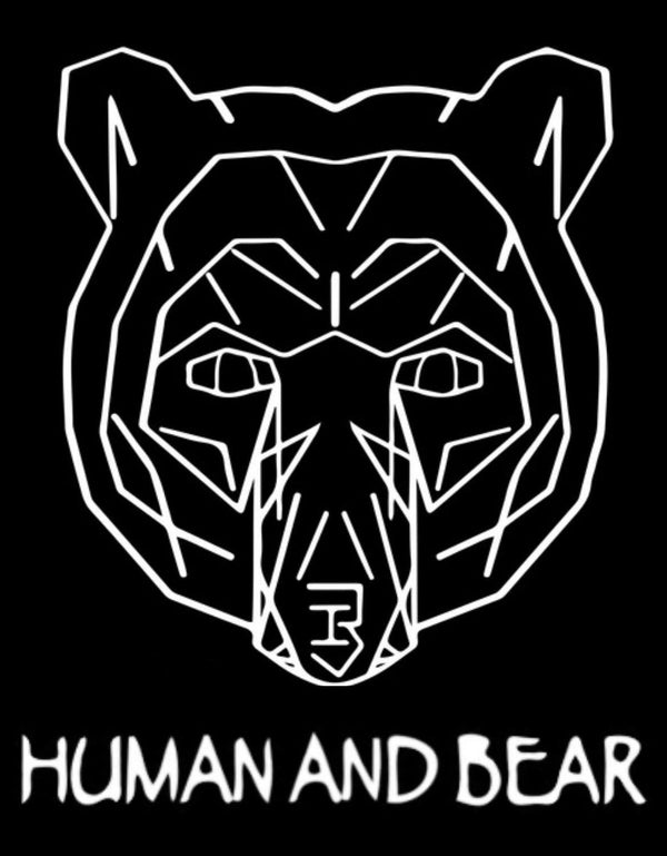 human and bear logo comprises white abstract lines forming an outline of a bear head with human and bear text below in branded font