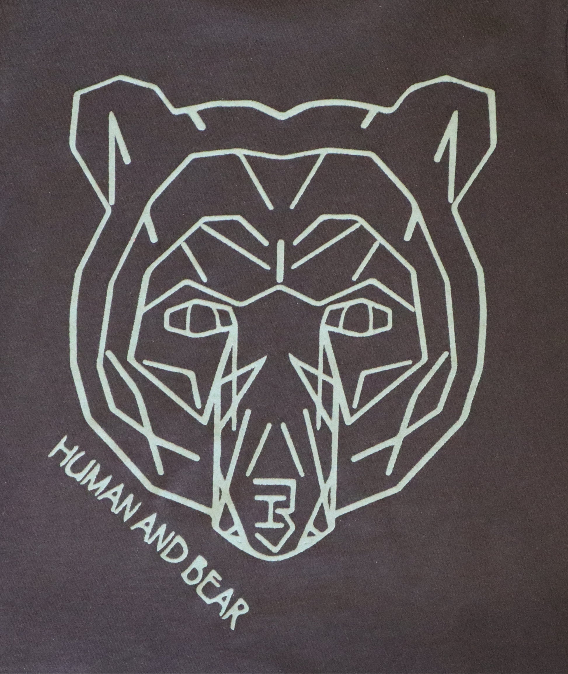 Geometric bear head design on a black T-shirt with 'Human and Bear' text.